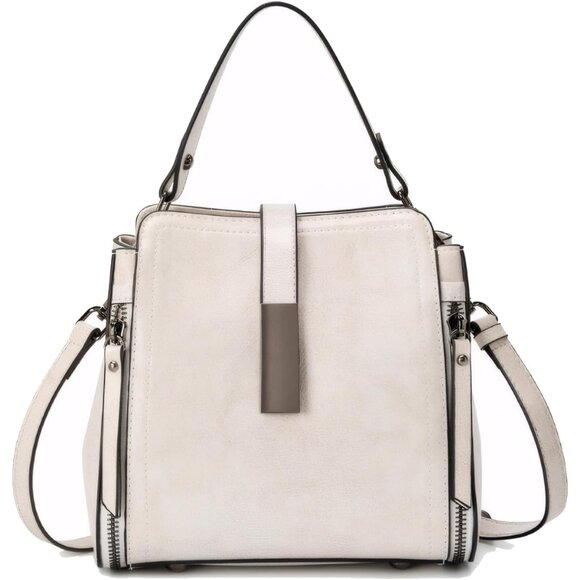 Leather Women's Satchel Bag 8.3x7.8x4 inches White Zipper - Picture 1 of 5